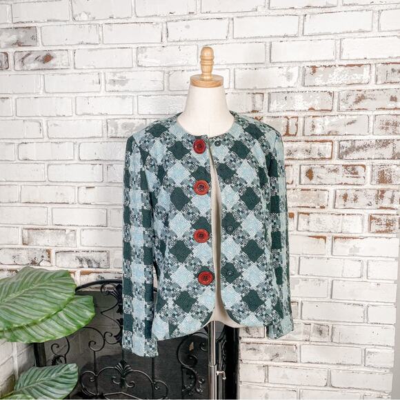 Vintage 60s Jackie Kennedy Inspired Green Blue Tweed Woven Plaid Blazer Jacket - Picture 1 of 9